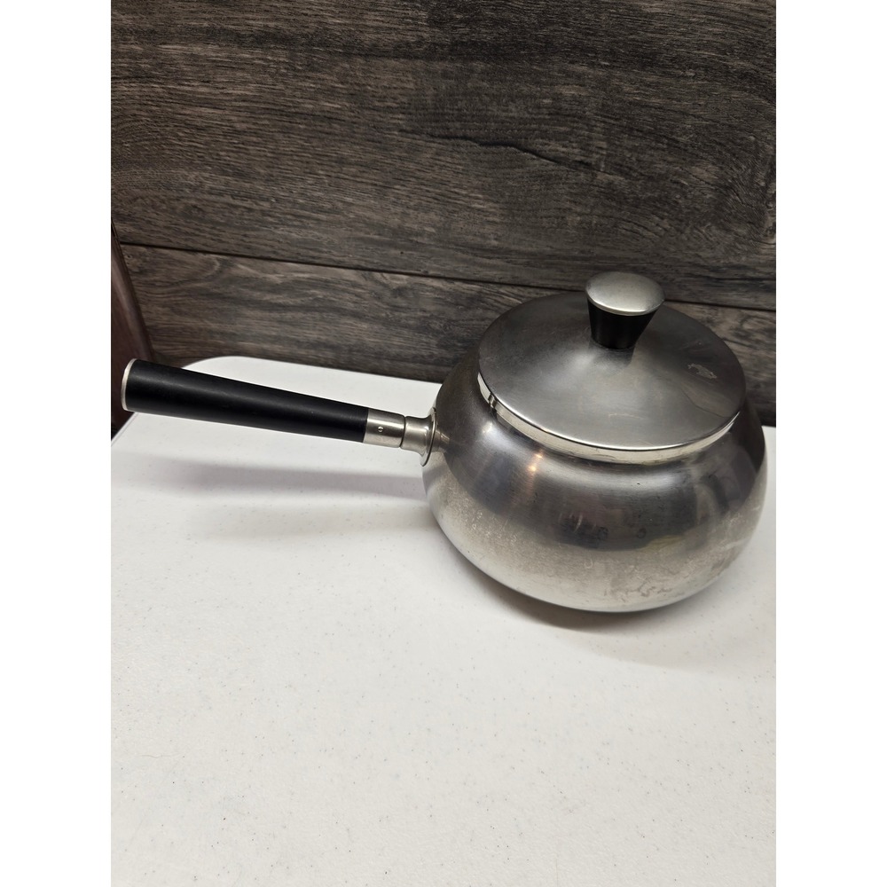 Vintage MCM Stainless Steel Fondue Pot with Lid Black Handle Mid Century Modern